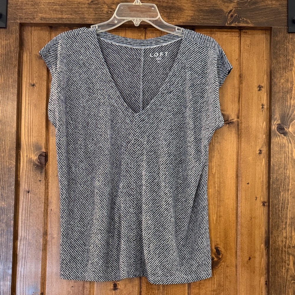 LOFT Black and White Striped V-Neck Cap Sleeve Top